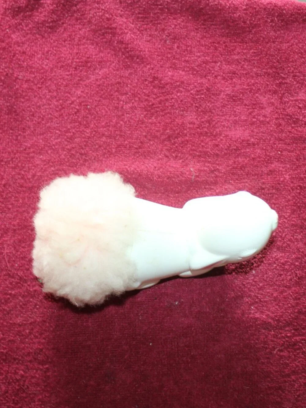 Vintage 1970s Avon Bunny Fluffpuff, white plastic rabbit body & pink fluffy tail